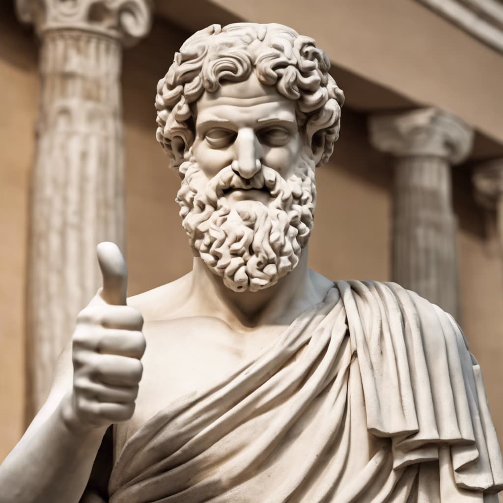 A smirking ancient Greek statue giving the work a thumbs up